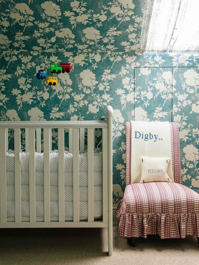 . My son’s room in our old London house (when he was just a baby) . This was right at the top of the house in the eaves, so lots of slopes and nooks . We wallpapered the entire (tiny) room in this @penny_morrison_ltd wallpaper . This chair is upholstered in one of my fave discontinued Pierre Frey fabrics, left overs from my very kind cousin .